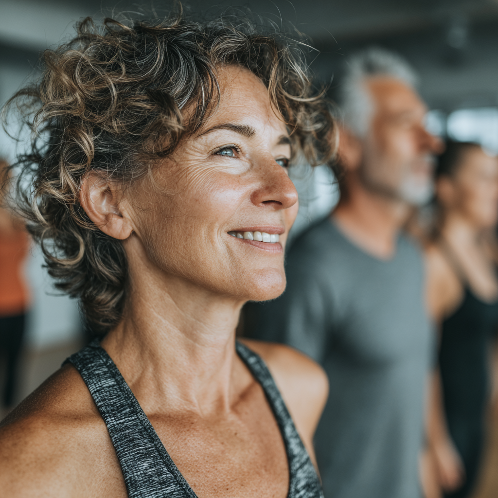 Active adults between 40-55 years doing group fitness training session with professional trainer