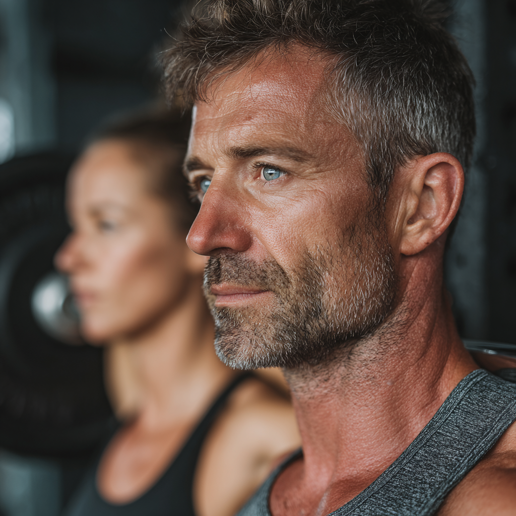 Mature fitness enthusiasts aged 45-50 engaged in strength training exercises in modern gym