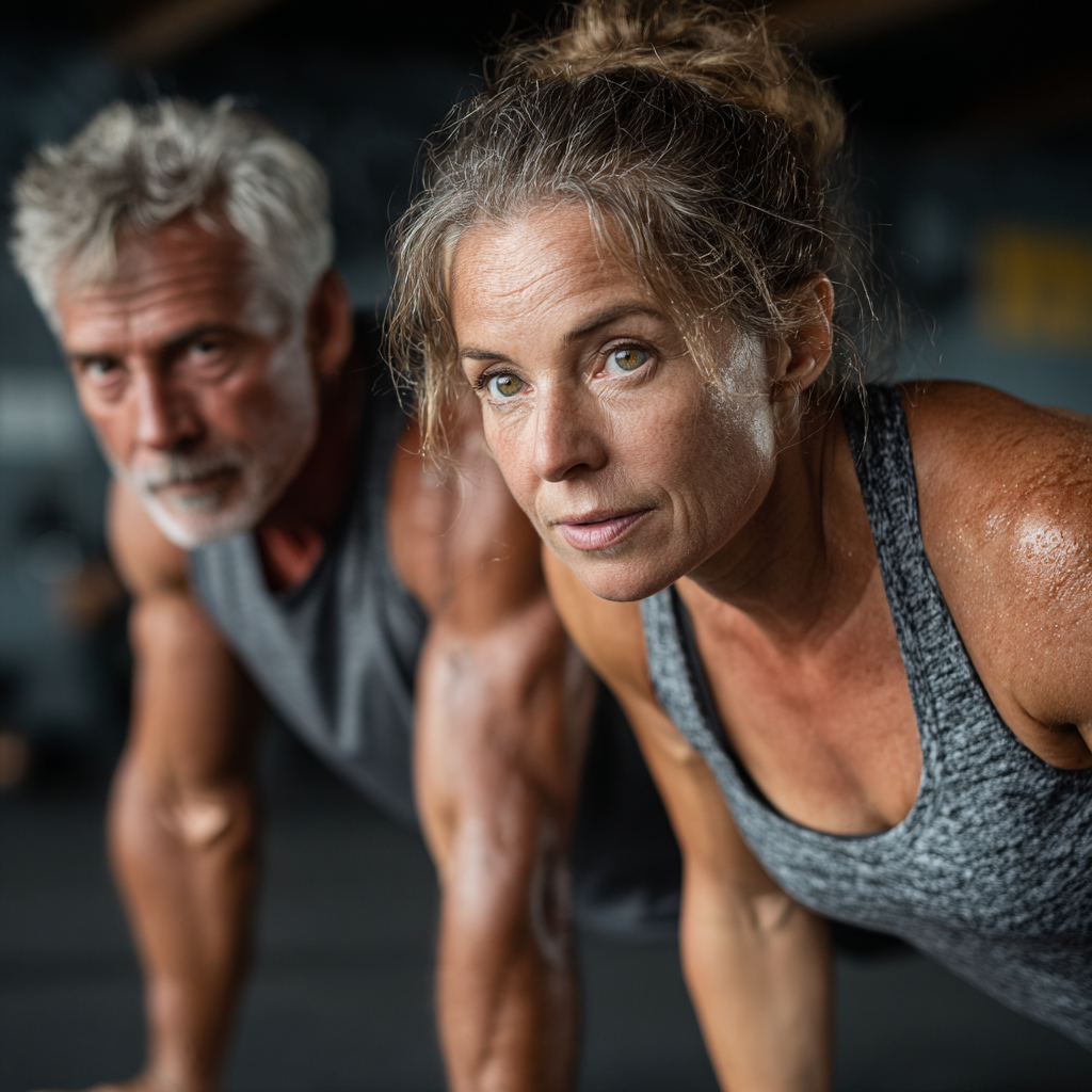 Middle-aged man and woman aged 50-55 doing functional fitness exercises showing strength and vitality